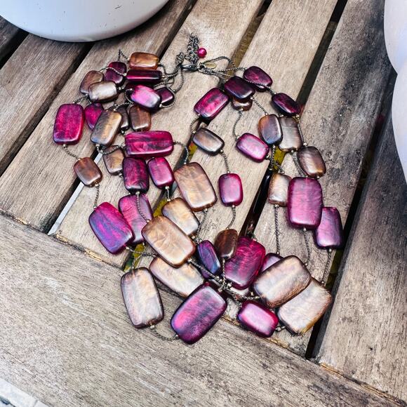 Chico's Multi Stand Statement Necklace-Pink & Brown Resin Lucite Beads - Picture 1 of 7